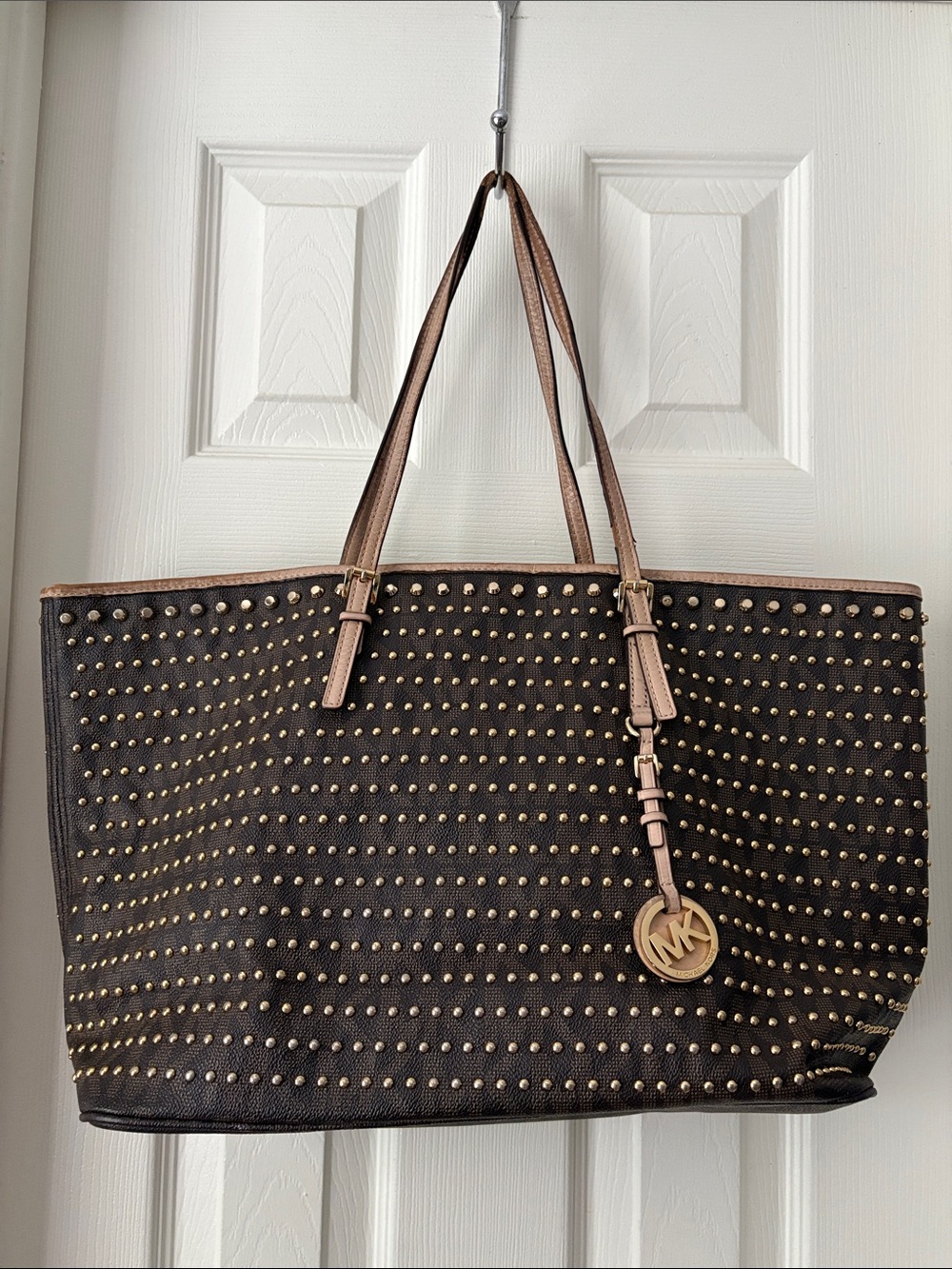Michael Kors brown logo Jet Set Gold Studded large Tote with Gold Hardware
